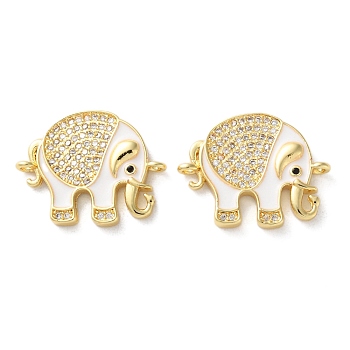 Rack Plating Brass Micro Pave Clear Cubic Zirconia Connector Charms, Elephant Links with Enamel, Lead Free & Cadmium Free, Real 18K Gold Plated, White, 16.5x20x3mm, Hole: 1.3mm