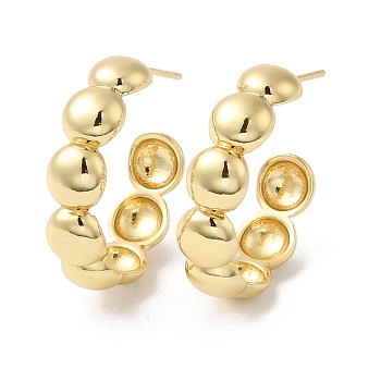 Rack Plating Brass Beaded Round Stud Earrings, Half Hoop Earrings, Long-Lasting Plated, Cadmium Free & Lead Free, Real 18K Gold Plated, 29x28.5x7.5mm