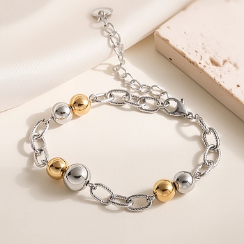 304 Stainless Steel Beads Link Bracelets, Cable Chain Bracelets for Women, Oval & Round, Golden & Stainless Steel Color, 7 inch(17.7cm)