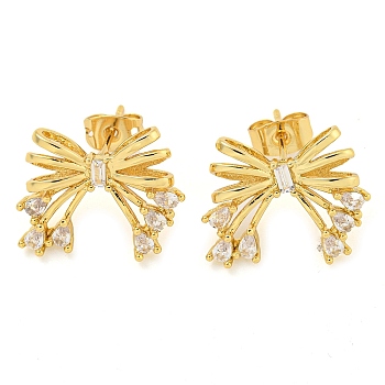 Bowknot Brass Micro Pave Cubic Zirconia Stud Earrings for Women, Real 18K Gold Plated, 15x18mm