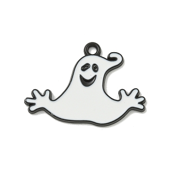 Halloween Theme Alloy Enamel Pendants, Black, Ghost Charm, White, 20x28x1mm, Hole: 1.6mm