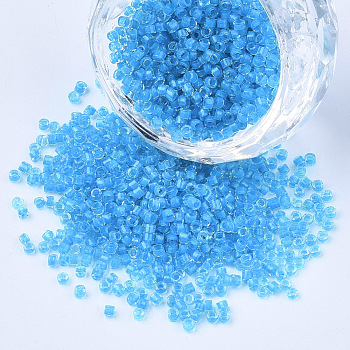 Glass Cylinder Beads, Seed Beads, Inside Colours, Round Hole, Deep Sky Blue, 1.5~2x1~2mm, Hole: 0.8mm, about 8000pcs/bag, about 85~95g/bag