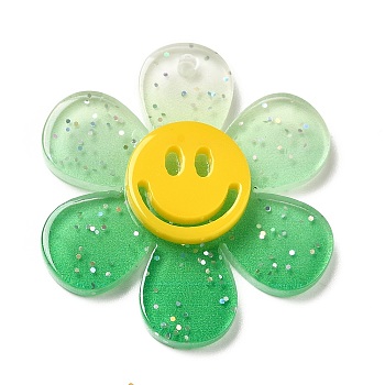 Gradient Color Transparent Acrylic Pendants, with Sequins, Sunflower with Smiling Face Charm, Medium Sea Green, 30x27x4mm, Hole: 1.6mm