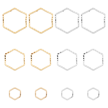90Pcs 6 Style Brass Linking Rings, Long-Lasting Plated, Hexagon, Mixed Color, 6~12x6.5~13.5x1mm, Inner Diameter: 5~10.5x5~12mm, 15pcs/style