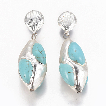 Synthetic Turquoise Dangle Stud Earrings, with Brass Findings, Silver Color Plated, 52mm, Pin: 0.7mm