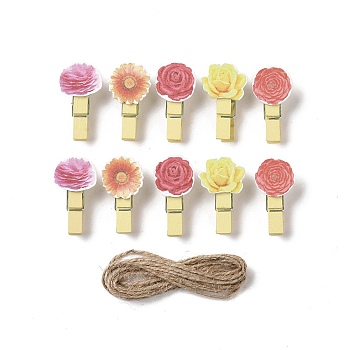 Flower Theme Wooden & Iron Clothes Pins, with Hemp Rope for Hanging Note, Photo, Clothes, Office School Supplies, Mixed Color, Clip: 37.5~38x20~23x12~12.5mm, 10pcs, Rope: 1400~1450x1.5mm, 1 bundle