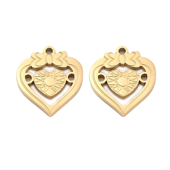 Ion Plating(IP) 304 Stainless Steel Pendants, Heart with Bowknot Charm, Golden, 16x14.5x1.5mm, Hole: 1.4mm