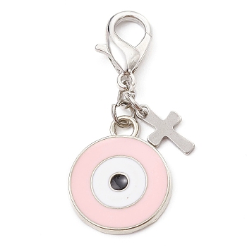 Alloy Enamel Pendant Decoration, with Alloy Clasp, Flat Round with Evil Eyes, Pink, 42mm