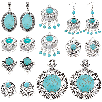 Elite DIY Jewelry Making Finding Kit, Including Tibetan Style Alloy Chandelier Components & Big Pendants, with Synthetic Turquoise, Flat Round & Triangle & Oval, Antique Silver, 35~79x30~62x6~13mm, Hole: 2~5.5mm, 14Pcs/box