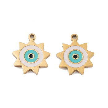 Ion Plating(IP) 316 Surgical Stainless Steel Charms, with Enamel, Sun with Evil Eye Charm, Real 18K Gold Plated, White, 14x12x1.5mm, Hole: 1mm