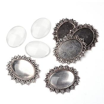 Alloy Cabochon & Rhinestone Settings and 40x30mm Oval Clear Glass Covers Sets, Lead Free & Nickel Free, Antique Silver, Cabochon Settings: 56x49x2mm, Tray: 40x30mm, Fit for 2mm rhinestone