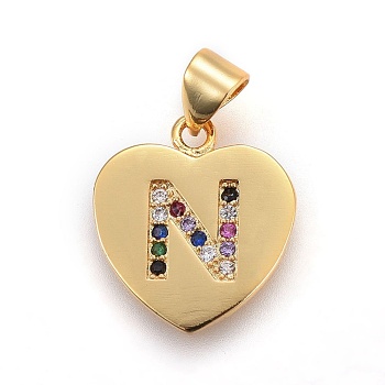 Brass Micro Pave Cubic Zirconia Pendants, Heart with Letter, Colorful, Letter.N, 17x15x1.5mm, Hole: 3.5x4.5mm
