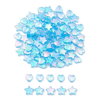 100Pcs 2 Style Eco-Friendly Transparent Acrylic Beads, Heart/Star, Dyed, AB Color, Deep Sky Blue, 8~10x8~10x3~4mm, Hole: 1.5mm, 50pcs/style