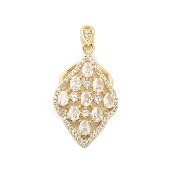 Brass Micro Pave Clear Cubic Zirconia Pendants, with Glass, Leaf, Real 18K Gold Plated, Clear, 33.5mm, Hole: 4.5x1.5mm