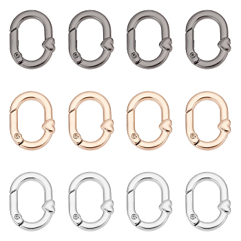 WADORN 12Pcs 3 Styles Alloy Spring Gate Rings, Oval with Heart, Mixed Color, 27.5x21x5mm