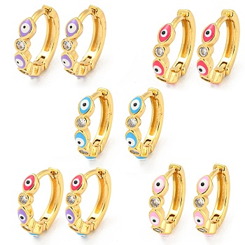 Evil Eye Real 18K Gold Plated Brass Hoop Earrings, with Enamel and Clear Cubic Zirconia, Mixed Color, 13.5x3mm