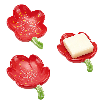 2Pcs 2 Styles Flower Shape Ceramics Soap Dish Tray, Red, 145x105~107x45~53mm, 1pc/style