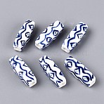 Handmade Porcelain Beads, Blue and White Porcelain, Famille Rose Porcelain, Cuboid with Wavy Geometric Pattern, Royal Blue, 21.5~22.5x7.5~8x7.5~8mm, Hole: 2~2.5mm(PORC-N014-02)