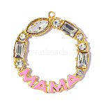 Mother's Day 304 Stainless Steel Pave Clear Cubic Zirconia Pendants, Ring with Word Mama Charm, with Enamel, Ion Plating(IP), Long-Lasting Plated, Real 18K Gold Plated, Hot Pink, 27x25mm(STAS-OY018-32G)