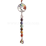 Chakra Theme Big Pendant Decorations, Hand Knitting with Natural Gemstone Beads and Stone Chips Tassel, Flat Round with Tree of Life, Red Copper, 35cm(HJEW-PW0001-004B-AB)