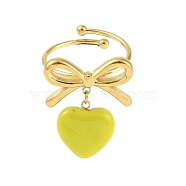 Bowknot 304 Stainless Steel Open Cuff Ring, Enamel Heart Charm Ring for Women, Yellow, Adjustable(RJEW-Z037-02G-03)
