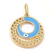 Brass Pendants, with Enamel, Real 18K Gold Plated, Long-Lasting Plated, Round Ring with Evil Eye Charm, Deep Sky Blue, 36.5x32.5x3.5mm, Hole: 11x7.5mm(KK-E076-05G-02)