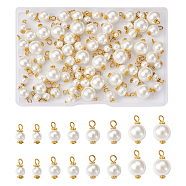 80Pcs 4 Style Eco-Friendly Dyed Glass Pearl Pendants, with Alloy Daisy Spacer Beads and Iron Flat Head Pins, Round, Golden, White, 12.5~19x6~12mm, Hole: 2.5~3.5mm, 20pcs/style(GLAA-CD0001-11)