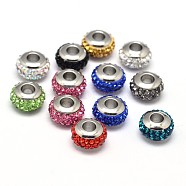 Rondelle 304 Stainless Steel Polymer Clay Rhinestone European Beads, with Double Side Platinum Color Core, Stainless Steel Color, Mixed Color, 10x6mm, Hole: 4mm(GPDL-P003-M)