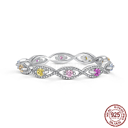 Rhodium Plated Sterling Silver Horse Eye Finger Rings, with Colorful Cubic Zirconia, with S925 Stamp, Platinum, Inner Diameter: 17.2mm(RJEW-K253-06P)