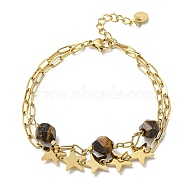 Ion Plating(IP) 304 Stainless Steel Star Link Chains Double Layer Multi-strand Bracelet, with Natural Tiger Eye Beaded, Real 18K Gold Plated, 7 inch(17.8cm)(BJEW-K238-08G)