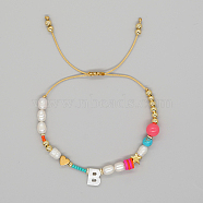 Initial Letter Natural Pearl Braided Bead Bracelet, Adjustable Bracelet, Letter B, 11 inch(28cm)(LO8834-02)