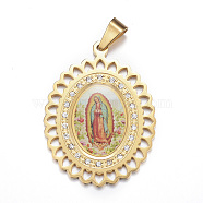 304 Stainless Steel Lady of Guadalupe Pendants, with Rhinestones and Glass, Oval with Virgin Mary, Golden, 44x33x2.5mm, Hole: 5x8mm(X-STAS-G102-67G)