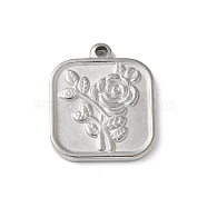 304 Stainless Steel Pendants, Square with Flower, Stainless Steel Color, 21x18x2.5mm, Hole: 1.8mm(STAS-I330-021P)