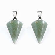 Cone/Spike/Pendulum Natural Green Aventurine Stone Pendants, with Platinum Plated Iron Findings, 25~27x14x14mm, Hole: 6x3mm(G-R278-79)