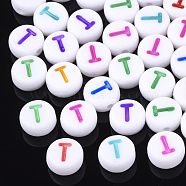 Initial Acrylic Beads, Horizontal Hole, Flat Round, Mixed Color, Letter.T, 7x3.5~4mm, Hole: 1.2mm, about 370pcs/50g(X-OACR-E001-20T)