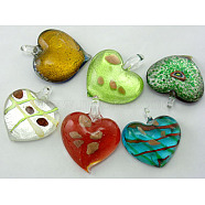 Handmade Silver Foil Glass Pendants, with Gold Sand, Heart, Mixed Color, about 32~36mm wide, 34~43mm long, 9~12mm thick, hole:5~9mm(X-SLP17)