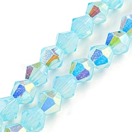 Baking Painted Transparent Glass Beads Strands, Half Electroplate, AB Color Plated, Faceted, Bicone, Cyan, 6x5.5mm, Hole: 1mm, about 47pcs/strand, 10.24''(26cm)(GLAA-F029-TM6mm-06)
