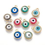 Epoxy Resin Enamel Evil Eye Charms, with Rack Plating Light Gold Tone Alloy Open Back Bezel, Cadmium Free & Nickel Free & Lead Free, Mixed Color, 12.5x10x1.5~2.5mm, Hole: 1.2mm(RESI-T045-031B)