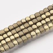 Electroplate Non-magnetic Synthetic Hematite Bead Strands, with Matte Style, Cube, Light Gold Plated, 3x3x3mm, Hole: 1mm, about 142pcs/strand, 15.7 inch(G-Q467-11I)