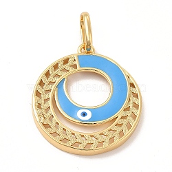 Brass Pendants, with Enamel, Real 18K Gold Plated, Long-Lasting Plated, Round Ring with Evil Eye Charm, Deep Sky Blue, 36.5x32.5x3.5mm, Hole: 11x7.5mm(KK-E076-05G-02)