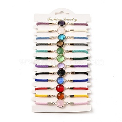 12Pcs 12 Colors Polyester Bracelets, Brass Glass Links Jewelry for Women, Mixed Color, Flat Round, 7-5/8 inch(19.5cm), End Extender: 58mm(BJEW-P340-13H-G)