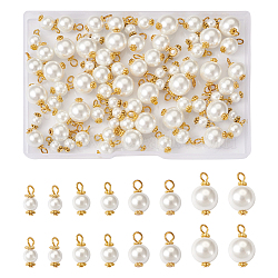 80Pcs 4 Style Eco-Friendly Dyed Glass Pearl Pendants, with Alloy Daisy Spacer Beads and Iron Flat Head Pins, Round, Golden, White, 12.5~19x6~12mm, Hole: 2.5~3.5mm, 20pcs/style(GLAA-CD0001-11)