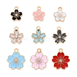 90Pcs 9 Style Alloy Enamel Pendants, with Crystal Rhinestone, Sakura & Plum Blossom Flower, Light Gold, 10pcs/Style(ENAM-LS0001-19LG)
