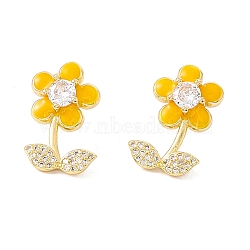 Enamel Flower of Life Stud Earrings with Clear Cubic Zirconia, Rack Plating Brass Jewelry for Women, Real 18K Gold Plated, Cadmium Free & Lead Free, Gold, 18x12mm, Pin: 0.6mm(EJEW-I266-12G-05)