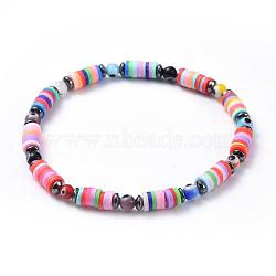 Polymer Clay Heishi Beads Beads Stretch Bracelets, with Round Handmade Evil Eye Lampwork Beads and Non-Magnetic Synthetic Hematite Beads, Mixed Color, 2-1/8 inch(5.5cm), 4.5mm(BJEW-JB04451)