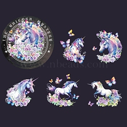 10Pcs 5 Styles PET Waterproof Self Adhesive Unicorn Stickers, for Scrapbooking, Travel Diary Craft, Medium Orchid, 60x60mm, 2pcs/style(PW-WG95401-01)