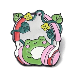 Cartoon Music Frog Alloy Brooches, Enamel Pins for Clothes Backpack, Headsets, 33.5x30mm(JEWB-I032-10EB-04)