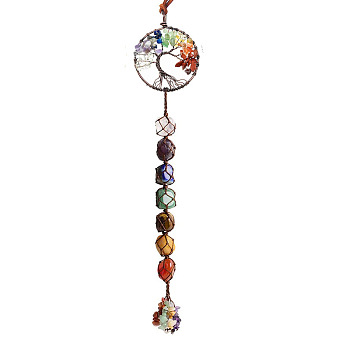 Chakra Theme Big Pendant Decorations, Hand Knitting with Natural Gemstone Beads and Stone Chips Tassel, Flat Round with Tree of Life, Red Copper, 35cm