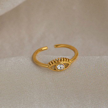 304 Stainless Steel Pave Cubic Zirconia Cuff Open Rings for Women, Evil Eye, Golden, 2mm, Inner Diameter: 17mm