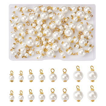 80Pcs 4 Style Eco-Friendly Dyed Glass Pearl Pendants, with Alloy Daisy Spacer Beads and Iron Flat Head Pins, Round, Golden, White, 12.5~19x6~12mm, Hole: 2.5~3.5mm, 20pcs/style